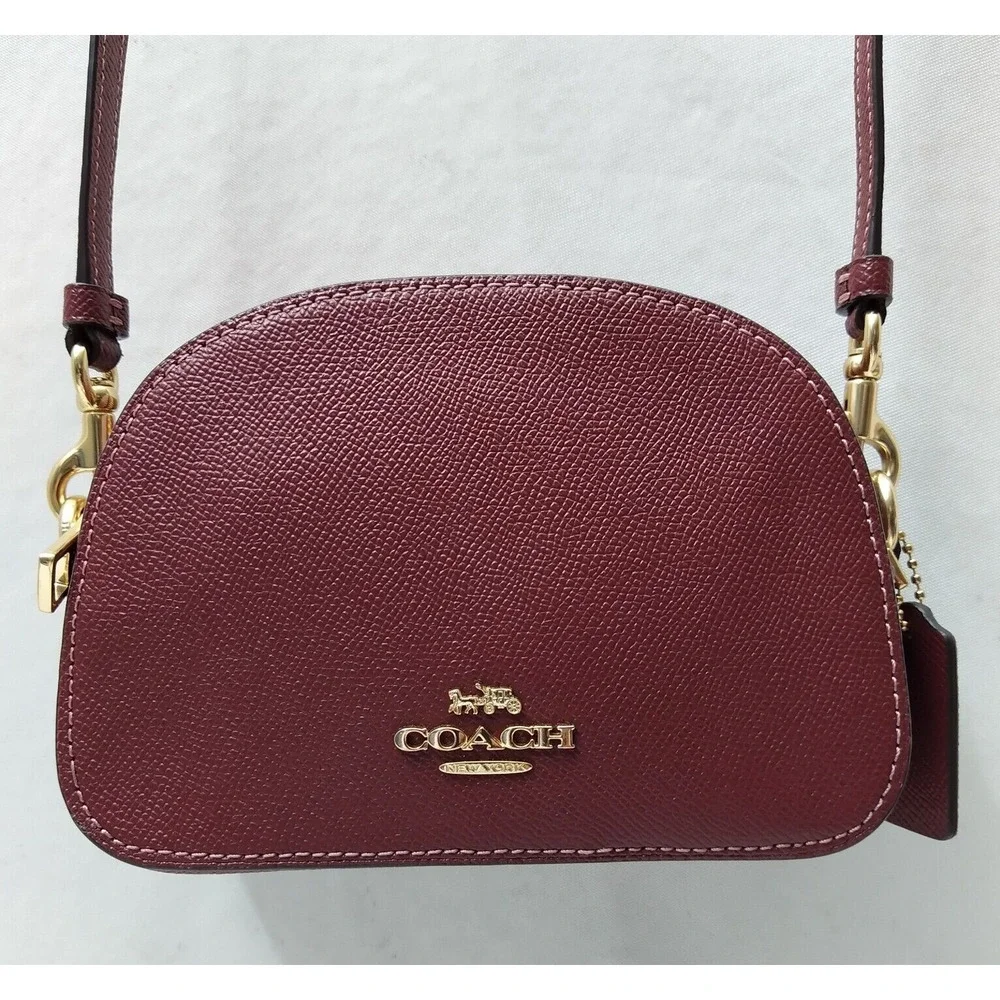 Coach Mini Serena Wine Red Crossgrain Leather Zipper Closure Crossbody Bag